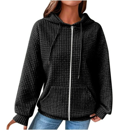 Flash Deals Lightning Deals of Today Prime Women Casual Loose Hooded Long Sleeve Zipper Solid Cardigan Blouse Hoodies Sweatshirt Tops with Pocket, Black L