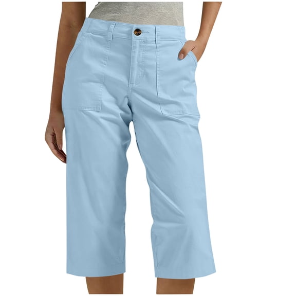 hoksml Women's High Waist Twill Capri Pants, Elastic Back Casual Cropped Pants with Multi Pockets, Solid Color Straight Leg Summer Pants