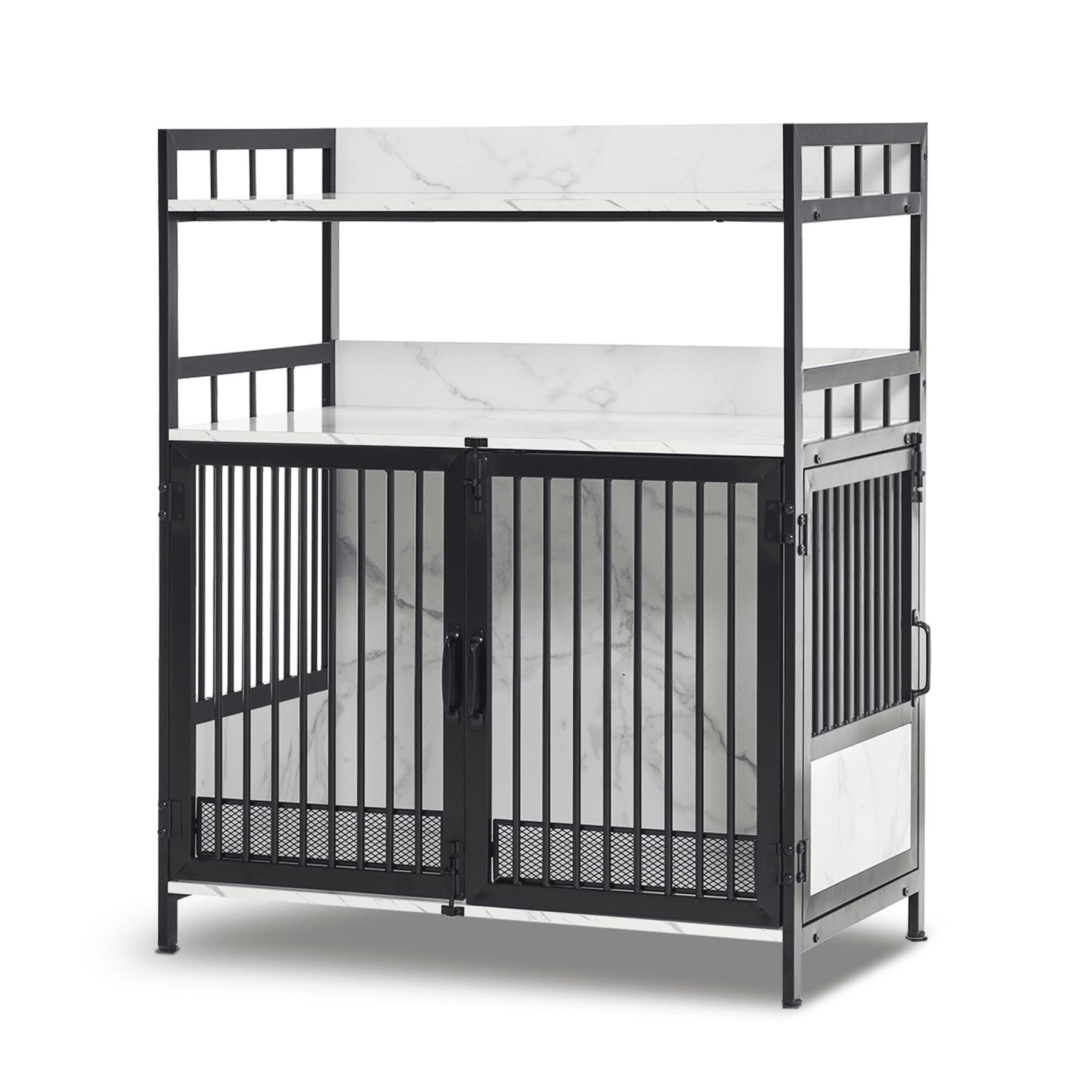 White and Black Steel and Wood Dog Crate with Storage Shelves
