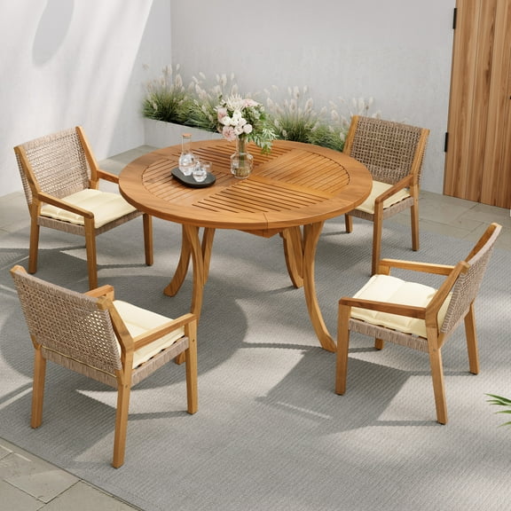 Christopher Knight Home 5-Piece Outdoor Dining Set, 47" Wood Round Table with Wicker Chairs, Cream Cushions