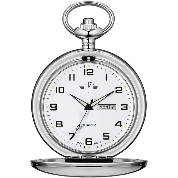 Tienda de juguetes WeiHuan Relojes de bolsillo de cuarzo liso para hombres Reloj de bolsillo con esfera luminosa digital árabe clásico y fecha de día con cadena Regalos de cumpleaños de graduación de