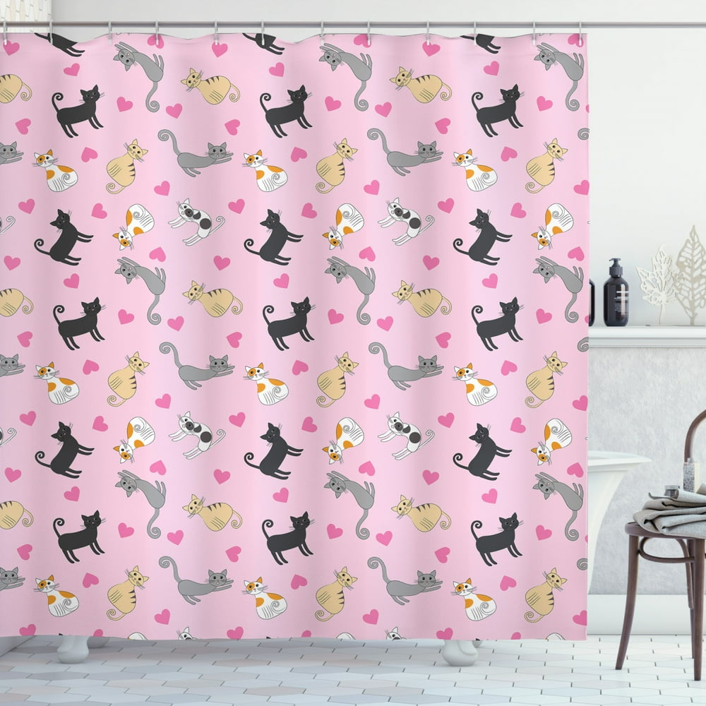 Kitty Shower Curtain, Cats in Different Colors and Patterns among Pink