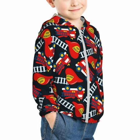 

Uemuo Fire Rescue With Red Helmet And Truck Pattern Rash Guard for Boys Girls Long Sleeve Swim Shirts UPF 50+ UV Sun Protection Hooded Fishing Shirt with Pocket for Kid-18 Months