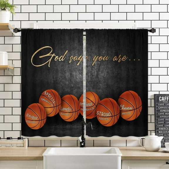 Basketball Sports Kitchen Window Curtains 2 Panels 27.5W x 39H Rod Pocket Quotes Inspirational Motivational Bible Christian Teen Boys Short Small Door Decor Bathroom Drapery Treatment