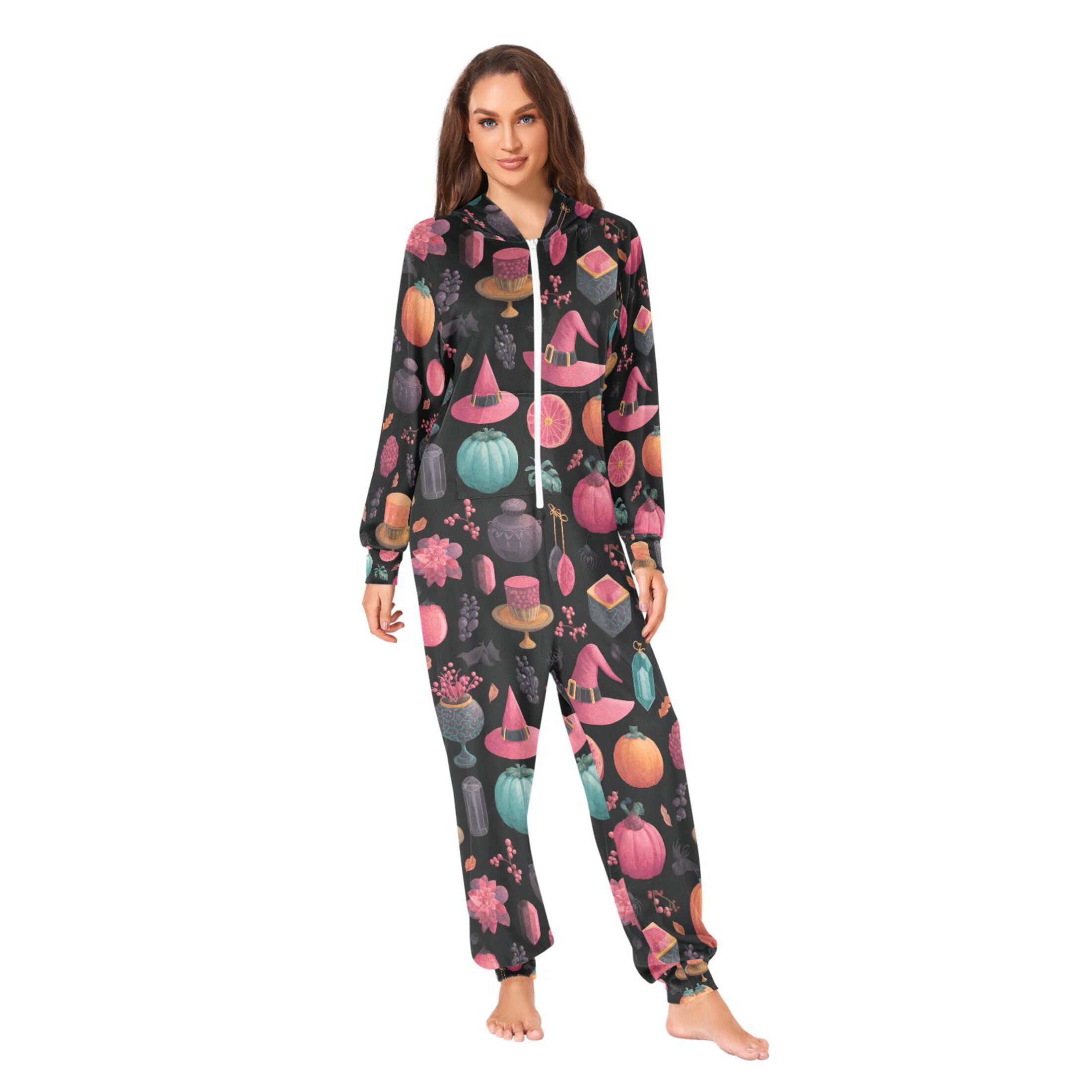 Adult Christmas Onesie Witch Hat Pink Adult Zipper One-Piece Pajamas Unisex Pajamas with Pockets
