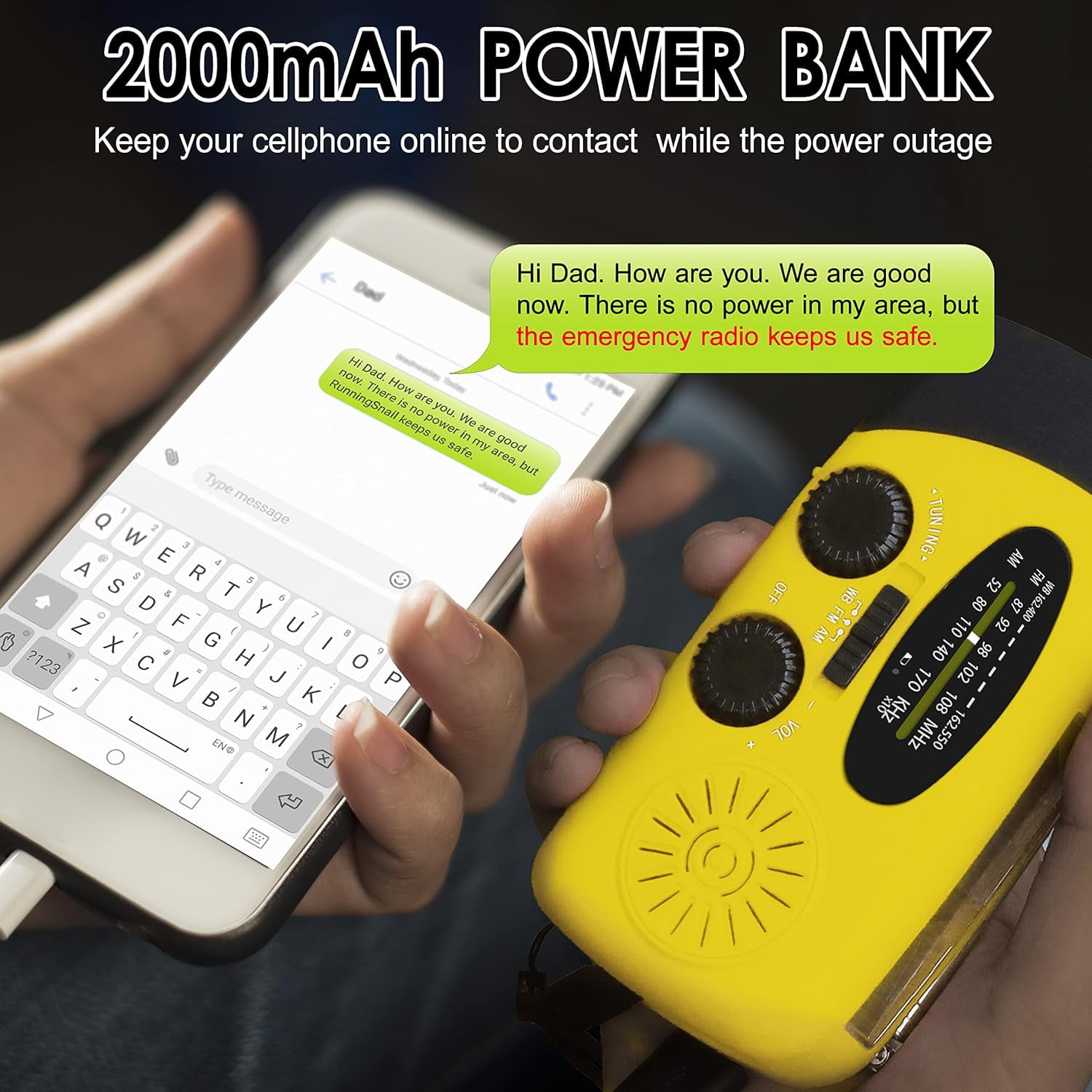 NOAA Emergency Hand Crank Radio - Solar/USB Powered with 2000mAh Power Bank & LED Flashlight, Portable Weather Radio for Camping & Disaster Preparedness