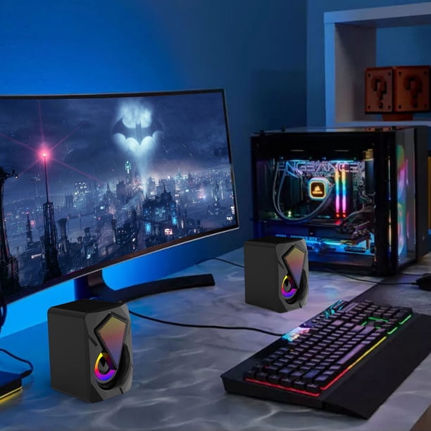 Altavoz mini con puerto de audio de 3.5 mm, luces RGB y subwoofer emparejado por USB de escritorio
