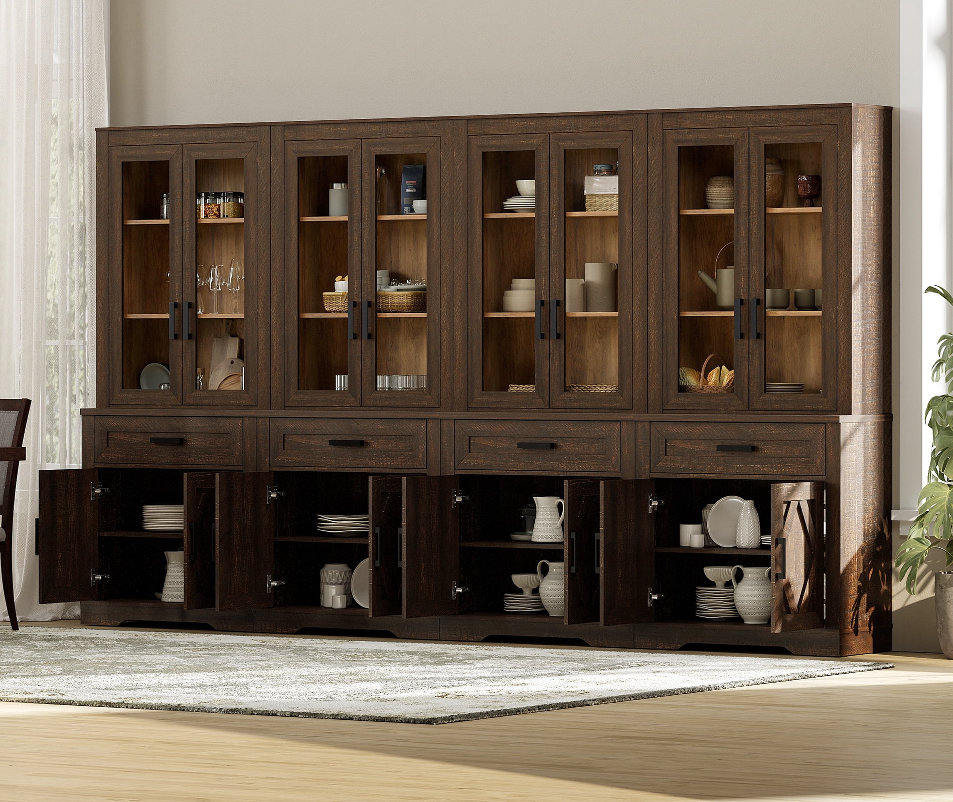 WAMPAT 4 Column 5 Tier Bookcase with Drawer,73.3" Tall Floor Standing Bookshelf,Modern Farmhouse Display Storage Cabinet with Adjustable Shelves for Living Room,Espresso
