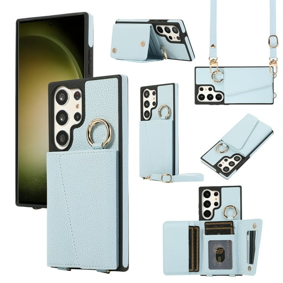 Decase for Samsung Galaxy S22 Ultra Crossbody Wallet Case,with Credit Card Slot Strand,Built-in Mirror,Slim Shockproof Anti-Fall with Shoulder Strap Lanyard Ring Holder Case Cover,Blue