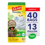 Glad ForceFlex Tall Kitchen Drawstring Trash Bags, 13 Gal, Gain Original with Febreze, 40 Ct