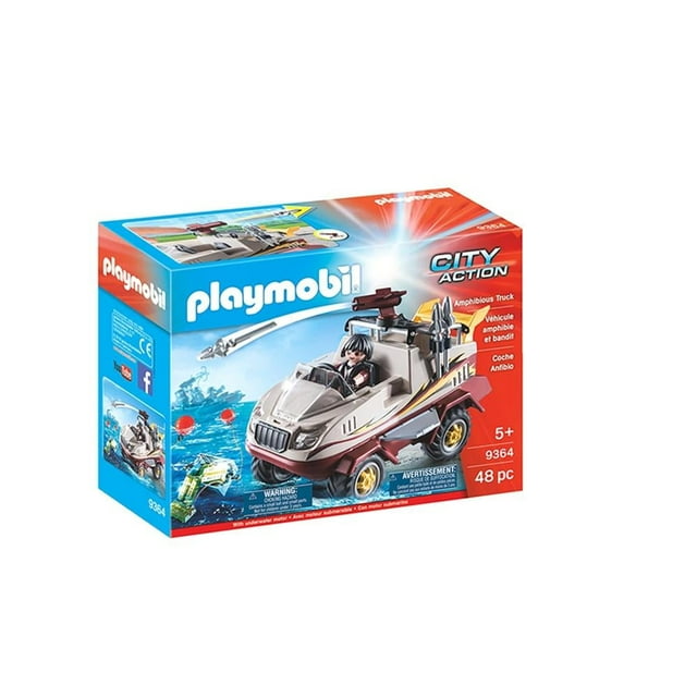Set Playmobil City Action Vehículo Todo Terreno de las Fuerzas Especiales SWAT 48 Piezas, vehículo anfibio gris con enganche de remolque retráctil y arma giratoria inclinable, diseñado para movimiento en tierra y agua, recomendado para niños mayores de 5 años y adecuado para juegos de construcción.