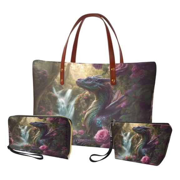 DISNIMO Dragon Rose Print Tote Bag and Wallet Set with Make Up Bag Portable Large Shoulder Satchel Purse Women's Handbags Set of 3