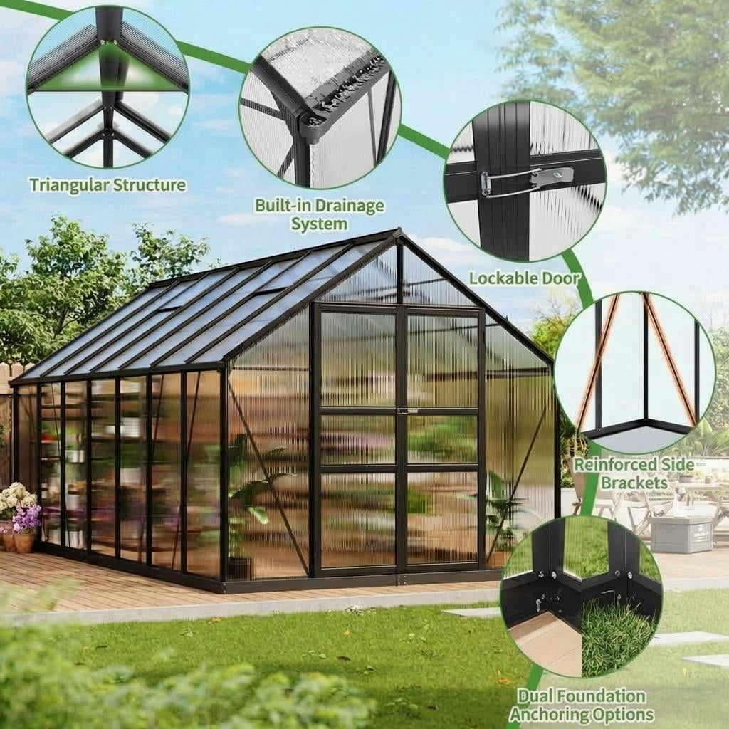 14x8ft Heavy Duty Walk-in Greenhouse, Aluminum Frame & Twin Wall Polycarbonate Panels, Ventilated with Rain Gutter System for Backyard & Patio Gardening