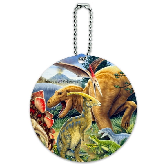 Dinosaurs Jurassic Collage T-Rex Stegasaurus Round Luggage ID Tag Card Suitcase Carry-On