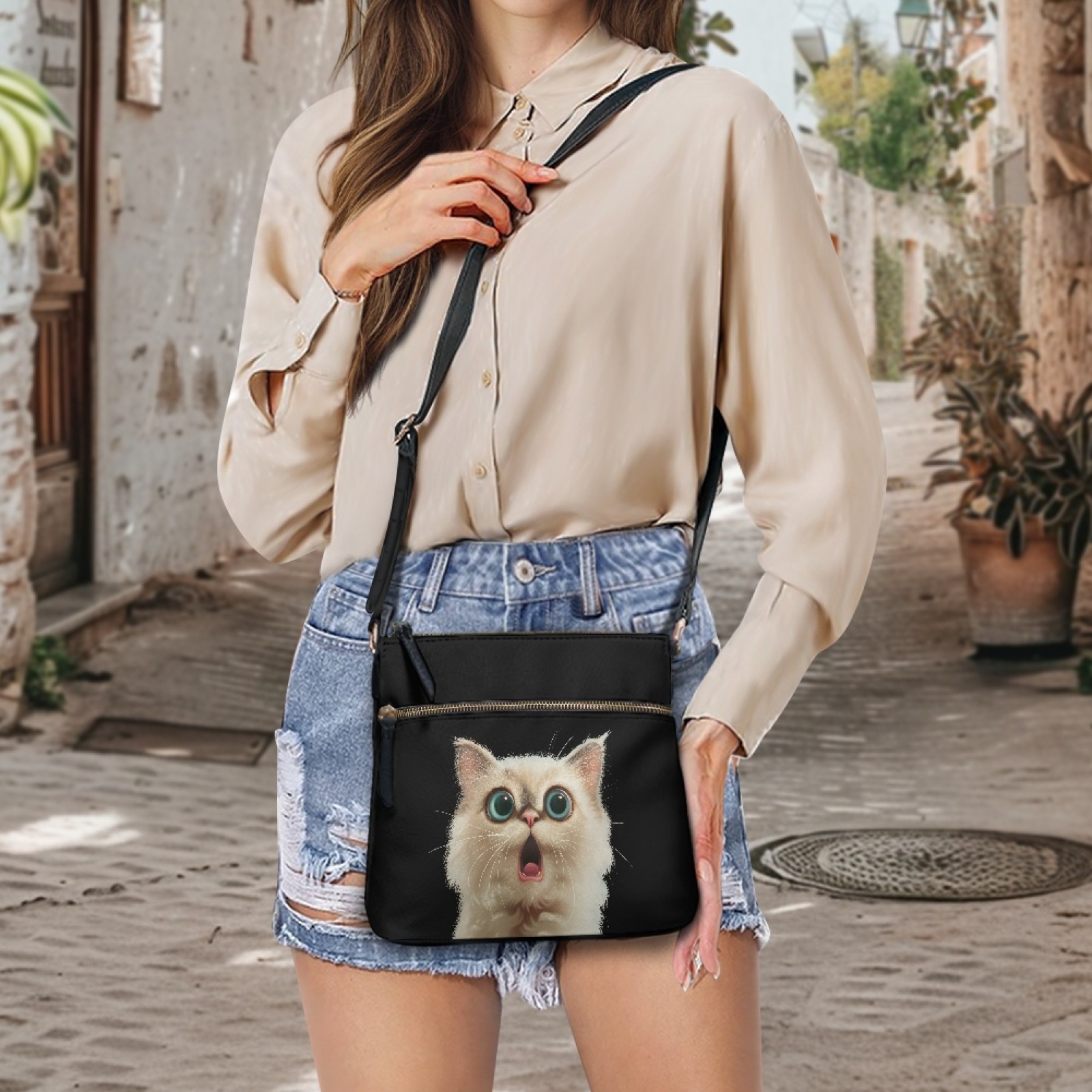 LedBack Cat Print PU Leather Satchel Purse Handbag for Women Ladies, Crossbody Hobo Purse Zipper Shoulder Handbag with Adjustable Strap for Shopping Travel, Black