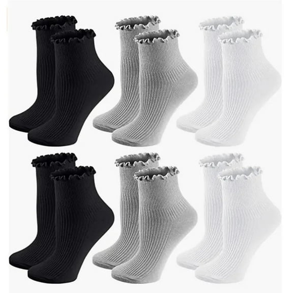 Summercome Women's Ruffle Socks, Casual Cute Ankle Socks, Breathable Double Knit Cotton, Soft Frilly Crew Socks for Women, 6 Pack Pure Color, Size 5-9