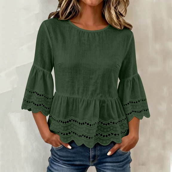 Warop Women's Spring Summer Solid Crew Neck Short Sleeve Cotton Linen Top Lightweight Blouse for Daily Vacation