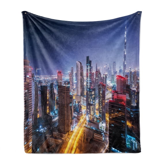 City Soft Flannel Fleece Throw Blanket, Nighttime at Dubai Vivid Display United Emirates Tourist Attraction Travel Theme, Cozy Plush for Indoor and Outdoor Use, 60" x 80", Multicolor, by Ambesonne