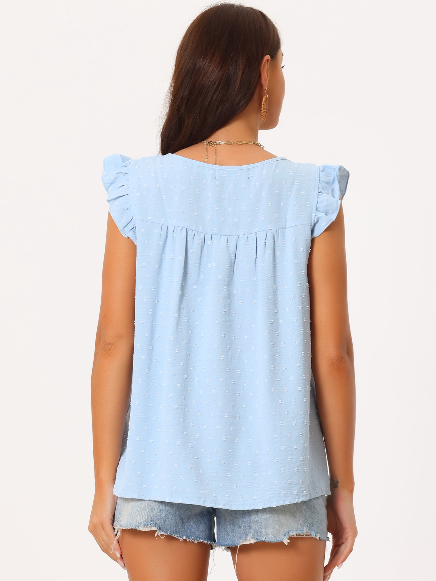 DARING DIVA Women's Swiss Dots Ruffle Sleeveless Crewneck Blouse Shirt S Light Blue