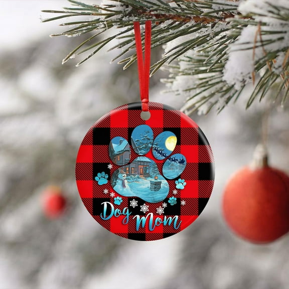 Ceremic Christmas Trees Ornaments, Christmas Tree Decoration, Dog Mom. Dog Paw Christmas , Christmas Gifts, Decorative Hanging Ornaments - Circle, 1 Pcs