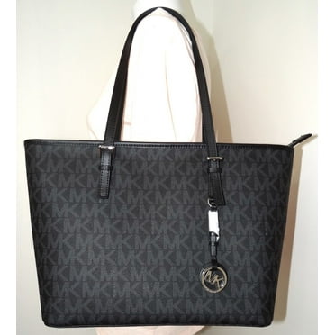Michael Michael Kors Jet Set Travel ZIP Top Black Signature PVC Medium Tote Bag 190049668139