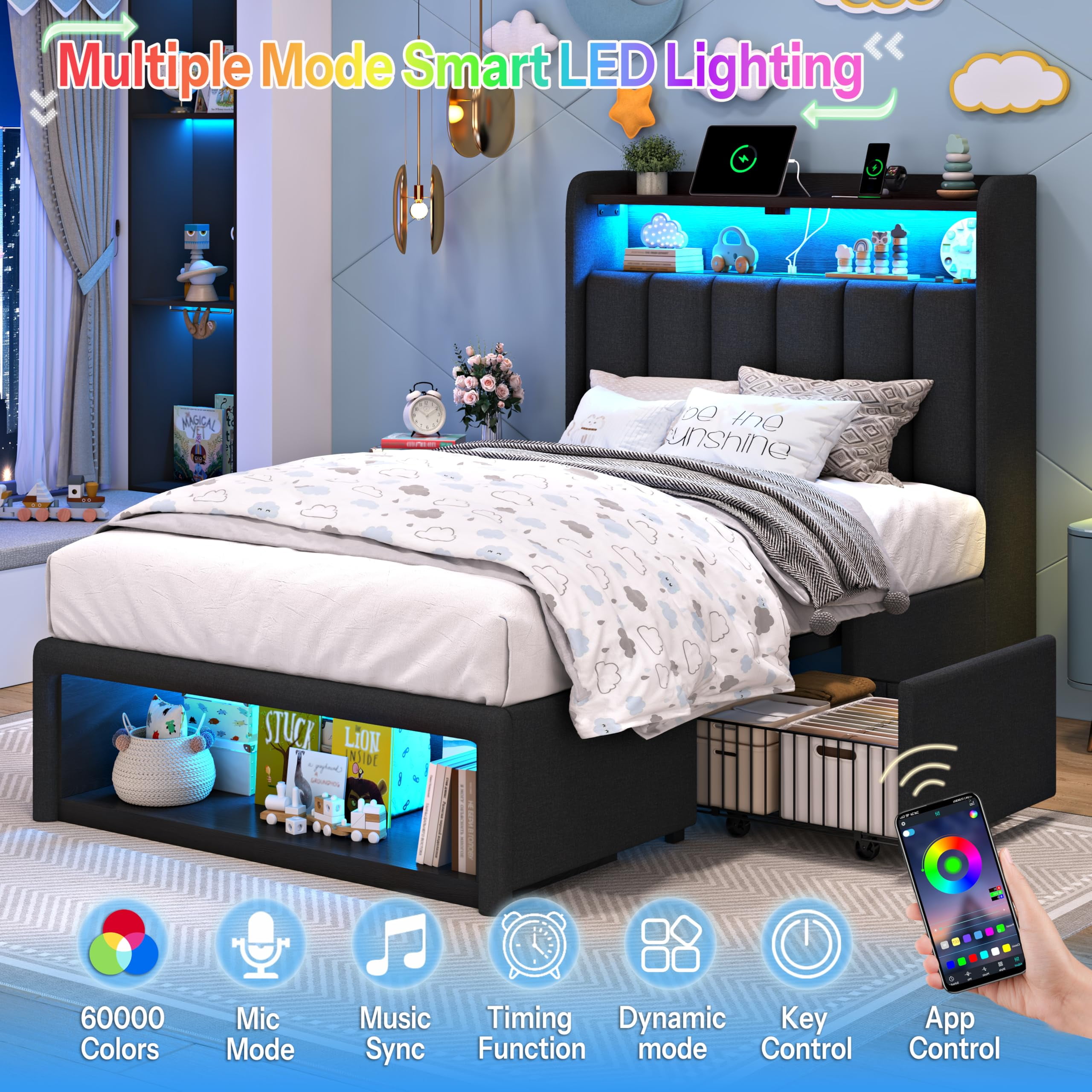 ChicZhiNest Twin Bed Frame with 2 Drawers and Storage Cabinets, Linen Upholstered Headboard LED Platform Bed with Charging Station, Black