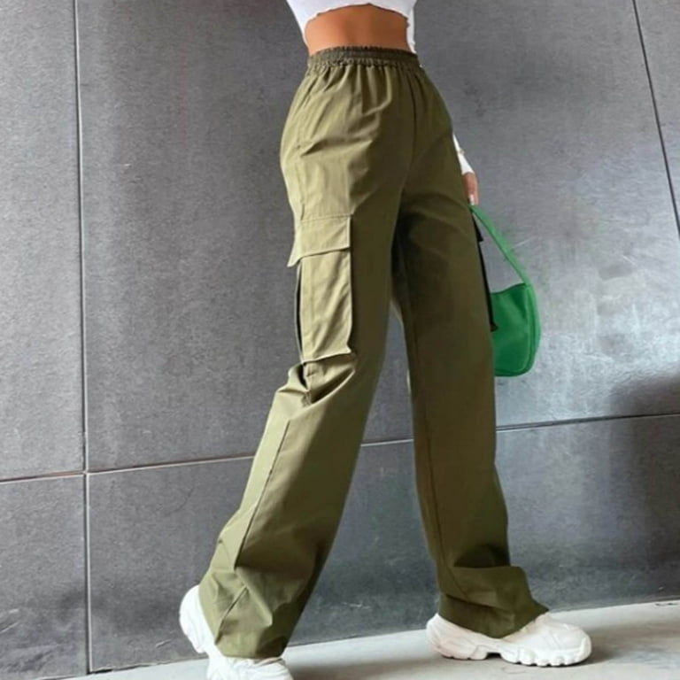 Daznico Women Solid Cargo Pants Drawstring Elastic High Waist
