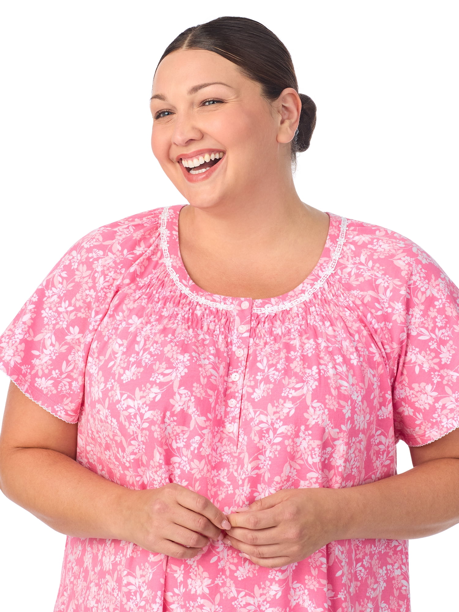 Aria Women's 100% Cotton Raglan Sleeve Smocked Neck Sleepwear 40" Gown, Sizes XS-5X