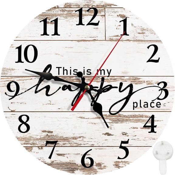 Round Wall Clock Silent Non-Ticking Battery Operated Clock 10 Inch, Vintage Wood Happy Place Home Decor for Living Room, Bathroom, Bedroom, Kitchen, Office and School