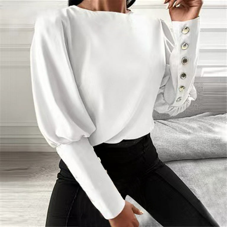 adviicd Button-Down Shirts Sheer Tops For Women Womens Tops Square Neck  Polka Dot Balloon Long Sleeve Top Shirts Slim Knit Ribbed Tops Blouses  White