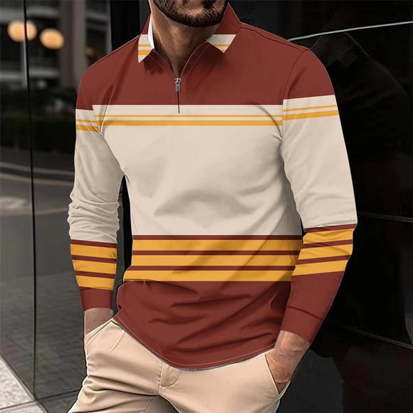 Blusa y camisa de manga larga con cuello vuelto para hombre, informal, con cuello vuelto, estampado, para fitness, deportiva, de manga larga, de poliéster