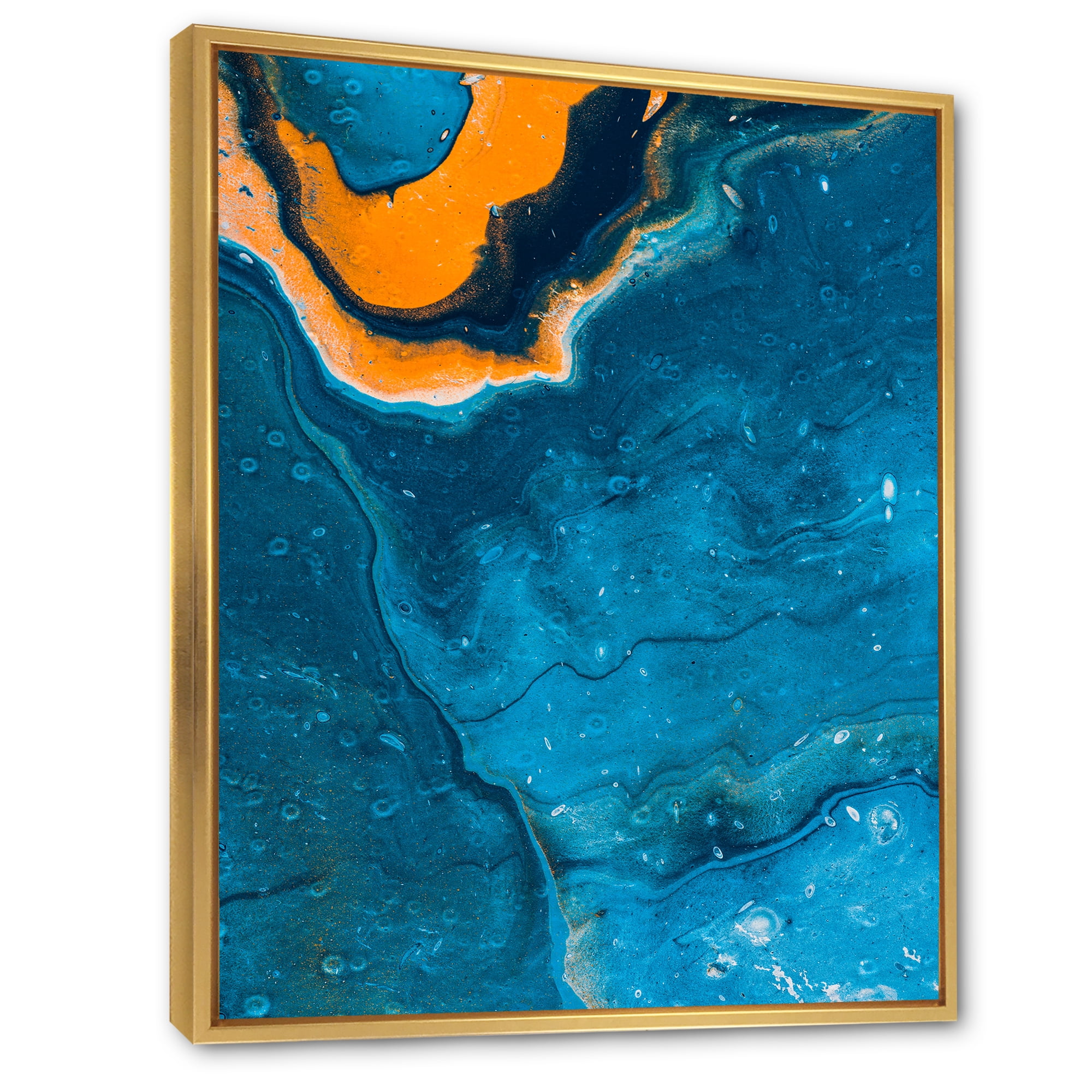 Designart 'Abstract Marble Composition In Orange and Blue III' Modern Framed Canvas Wall Art Print