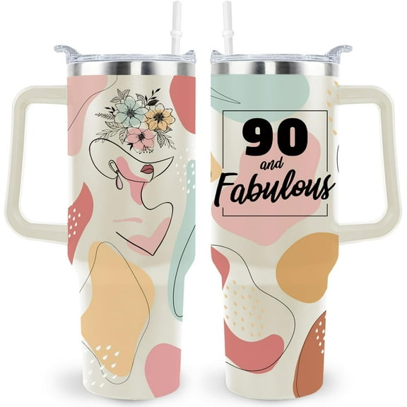 90th Birthday Gifts for Women 90 & Fabulous Boho Bohemian Birthday Gift Ideas for Daughter Wife Mom Grandma 40oz Tumbler Cup With Handle