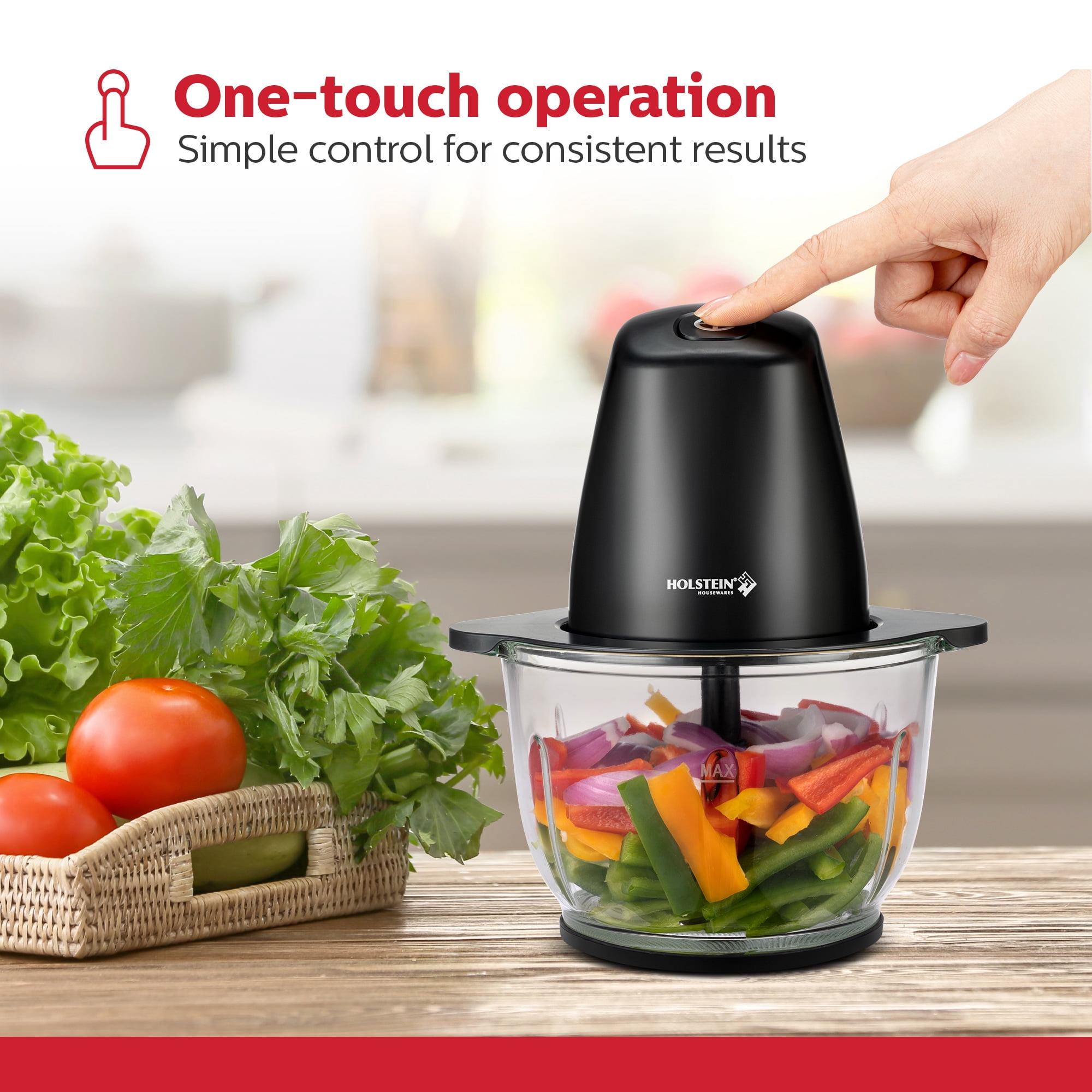 Holstein Housewares Electric Food Chopper – 1.9 QT, 8 Cup, Black, High-Powered Mini Food Processor with Glass Bowl for Chopping, Dicing & Blending, Compact & Easy to Use for Quick Meal Prep 250W