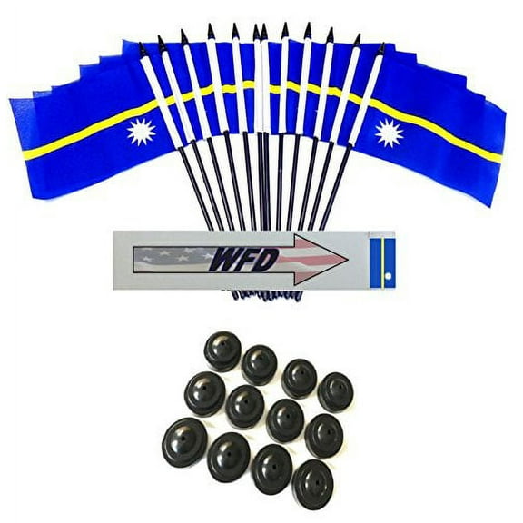 Pack of 12 4"x6" Nauru Polyester Miniature Office Desk & Little Table Flags, 1 Dozen 4"x 6" Nauru Small Mini Handheld Waving Stick Flags with 12 Flag Bases (Flags with Stands)