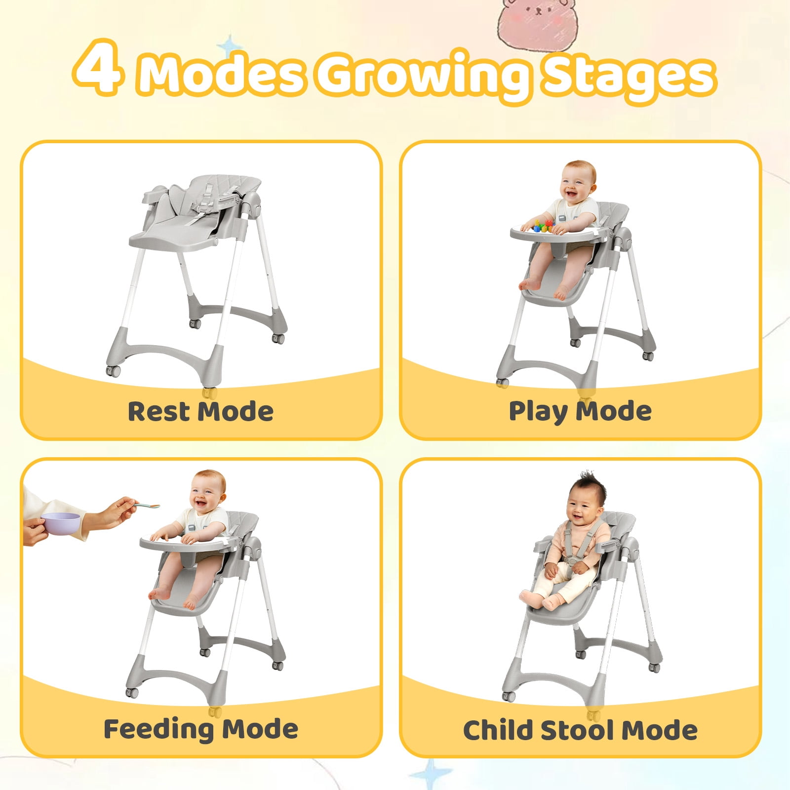 PEXMOR 4 in 1 Portable Baby High Chair, Convertible Foldable Highchair, Adjustable Height & Recline Positions, Gray