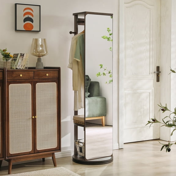 Noble House 67.72" Rotating Full Length Mirror Cabinet, Solid Rubber Wood Jewelry Armoire, Walnut