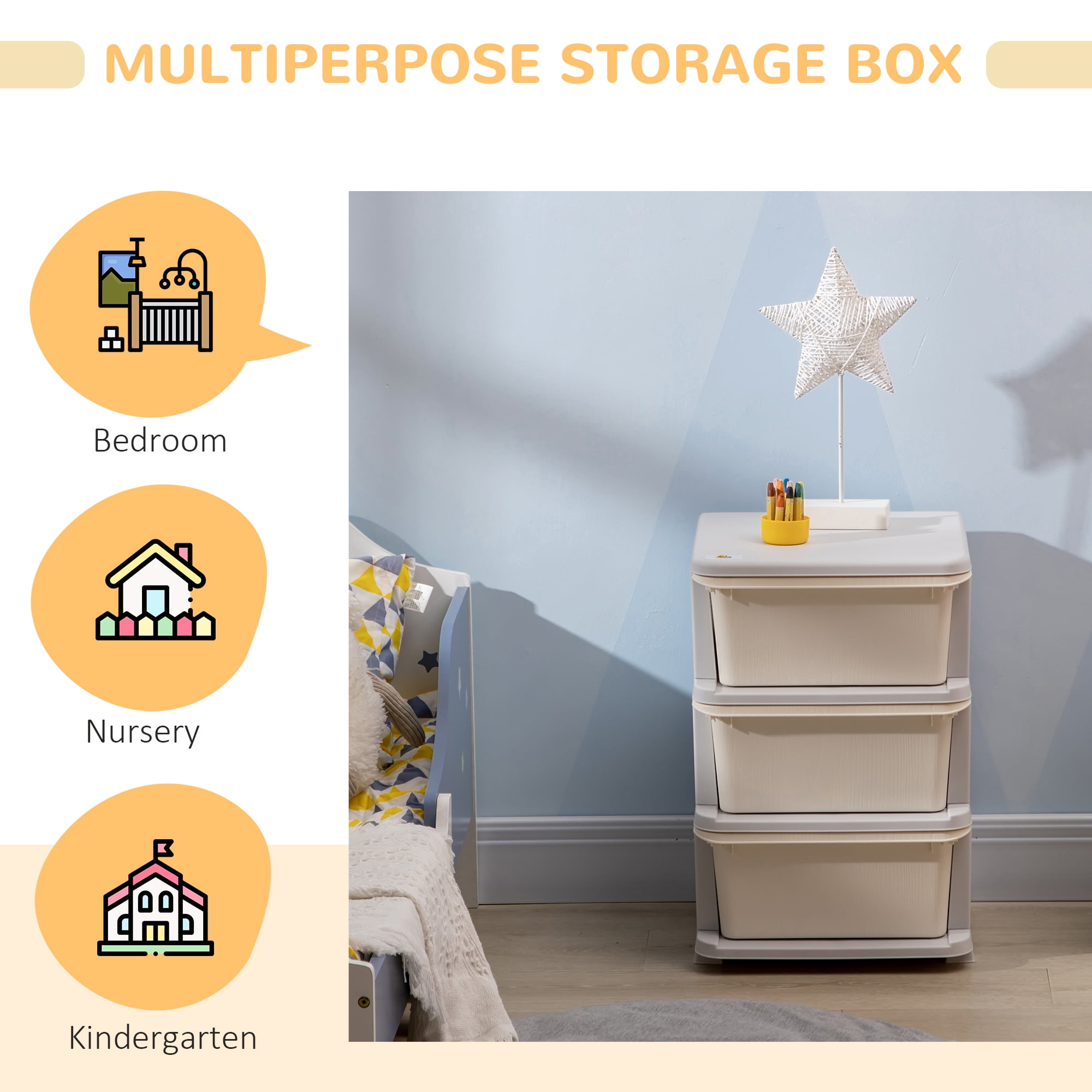 Qaba 3 Tier Kids Storage Unit Dresser Tower with Drawers Chest Toy Organizer for Bedroom Nursery Kindergarten Living Room for Boys Girls, Cream White