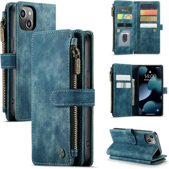 iPhone 13 Wallet Case, iPhone 13 Case Wallet Leather Zipper Folio Case with Magnetic Closure Kickstand Card Slots Money Pocket Flip Cover for iPhone 13 6.1 inch Blue