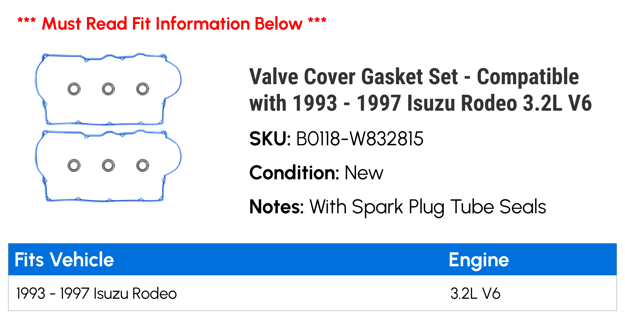 Valve Cover Gasket Set - Compatible with 1993 - 1997 Isuzu Rodeo 3.2L V6 1994 1995 1996
