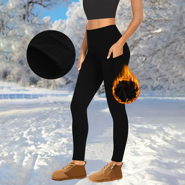 TaTaai Women's Fleece Lined Yoga Pants High Waisted with Pockets Solid Full Length Warm Leggings for Winter Workout Gym Fitness Lounge Non-See-Through Gift