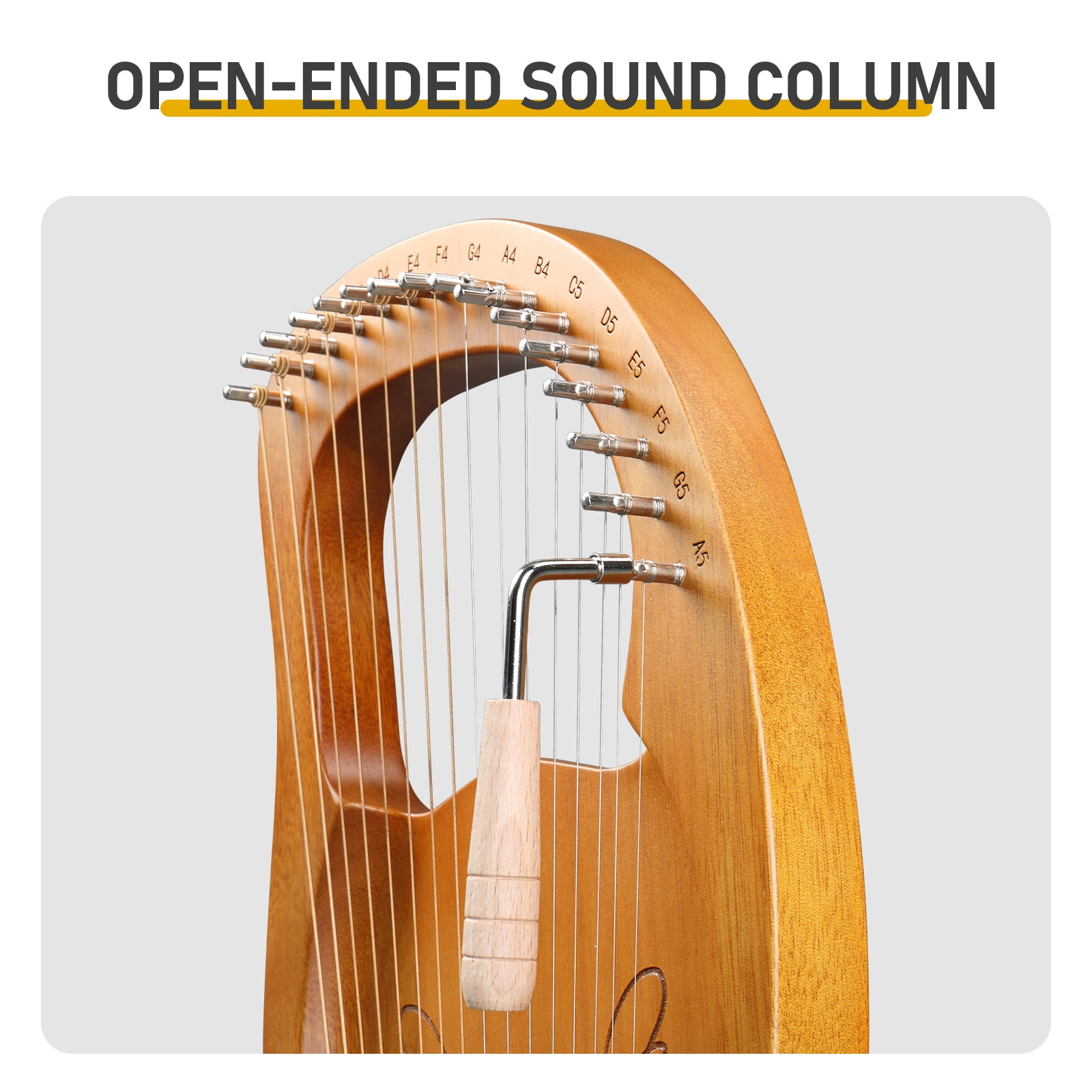 16-String Lyre Harp with Angel Wing Design, Sapele Wood Flat-Panel Body, Beginner-Friendly Instrument for Meditation and Relaxation, Includes Carry Bag and Tuning Wrench