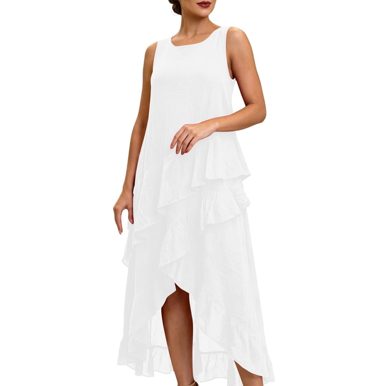 Qulqfy Boho Womens Summer Dresses Casual Sleeveless Wedding Guest Maxi Plain White Slit Hem Ruffle Scoop Neck Smocked Beach Long Dresses XL