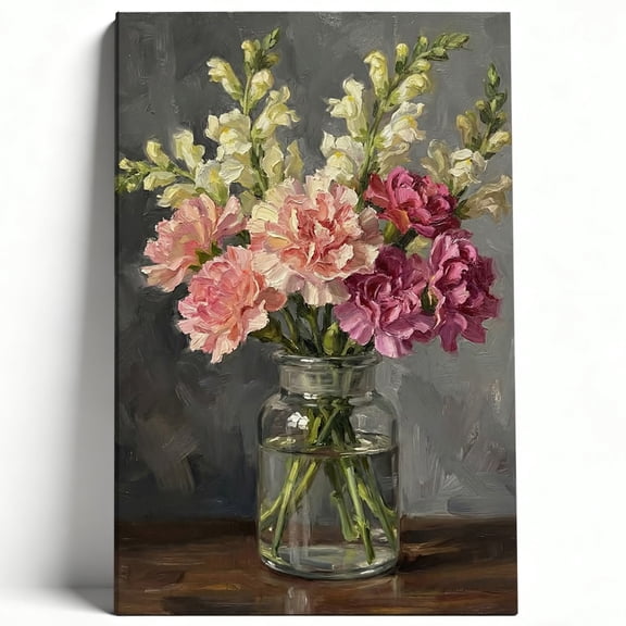 Impressionist Carnations and Snapdragons in Glass Jar Canvas Wall Art Rustic Floral Still Life Painting Shabby Chic Flower Poster Living Room Bedroom Decor Print Ready to Hang 8*12