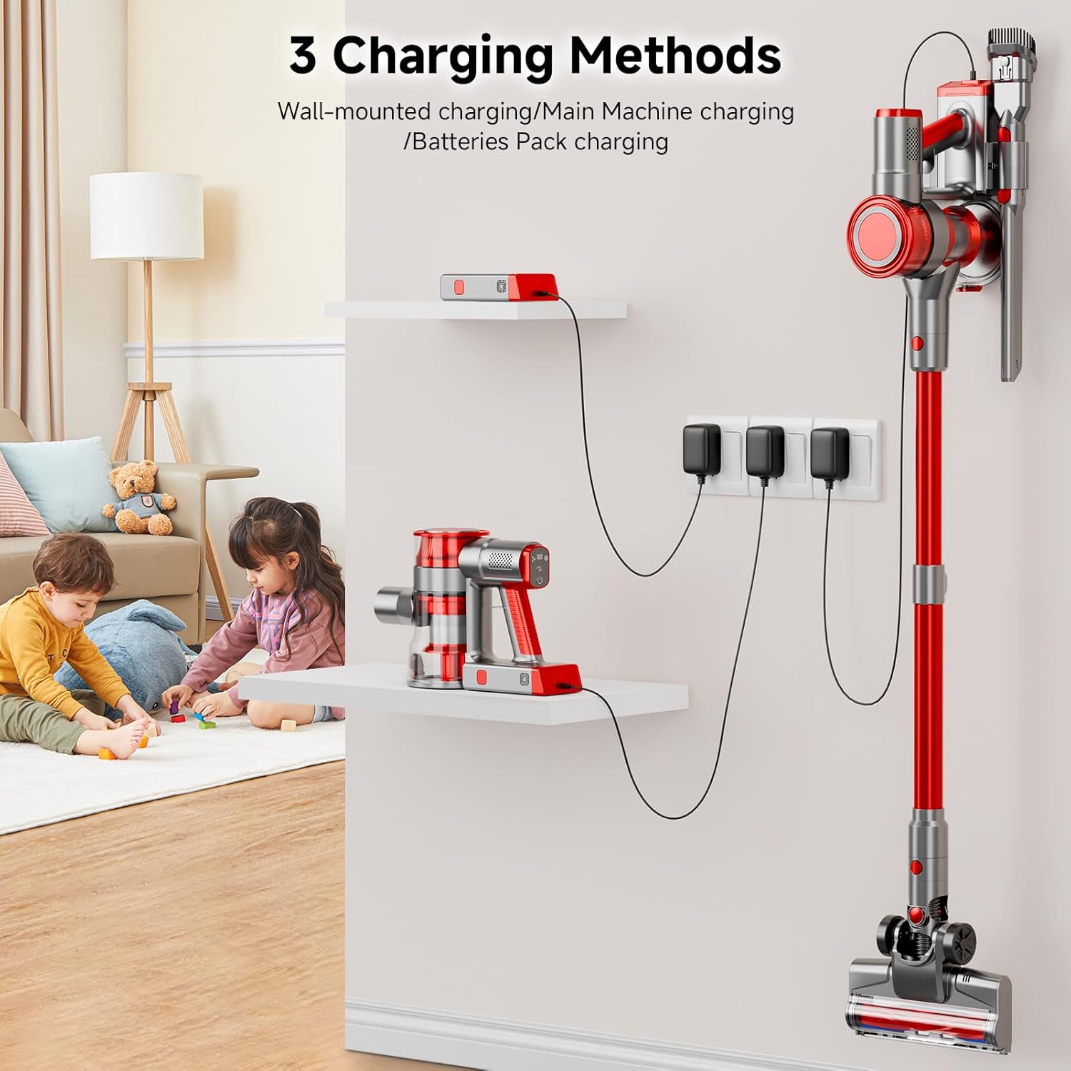 BSNAW Cordless Vacuum Cleaner, 8-in-1 Lightweight Self-Standing Stick Vacuums, Max 45Mins Runtime, Anti-Tangle Stick Vacuum Cleaner for Hard Floor, Carpet, Pet Hair, Red