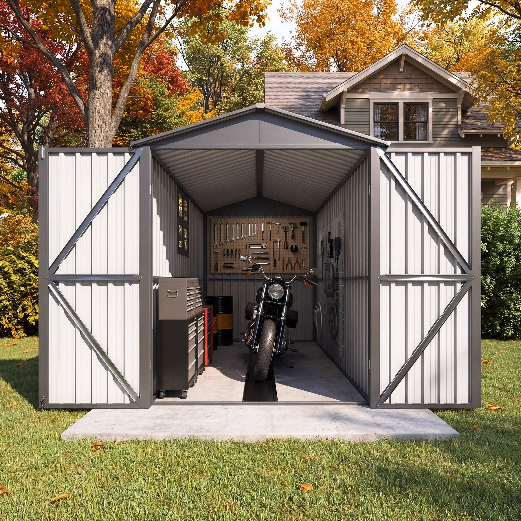 Chery Industrial Outdoor Metal Motorcycle Storage Shed with Window ,Tracks & Fixtures,Grey