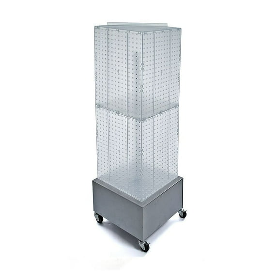 Four-Sided Pegboard Tower Floor Display on Metal Wheeled Base. Spinner Rack Stand. Panel Size: 14"W x 40"H
