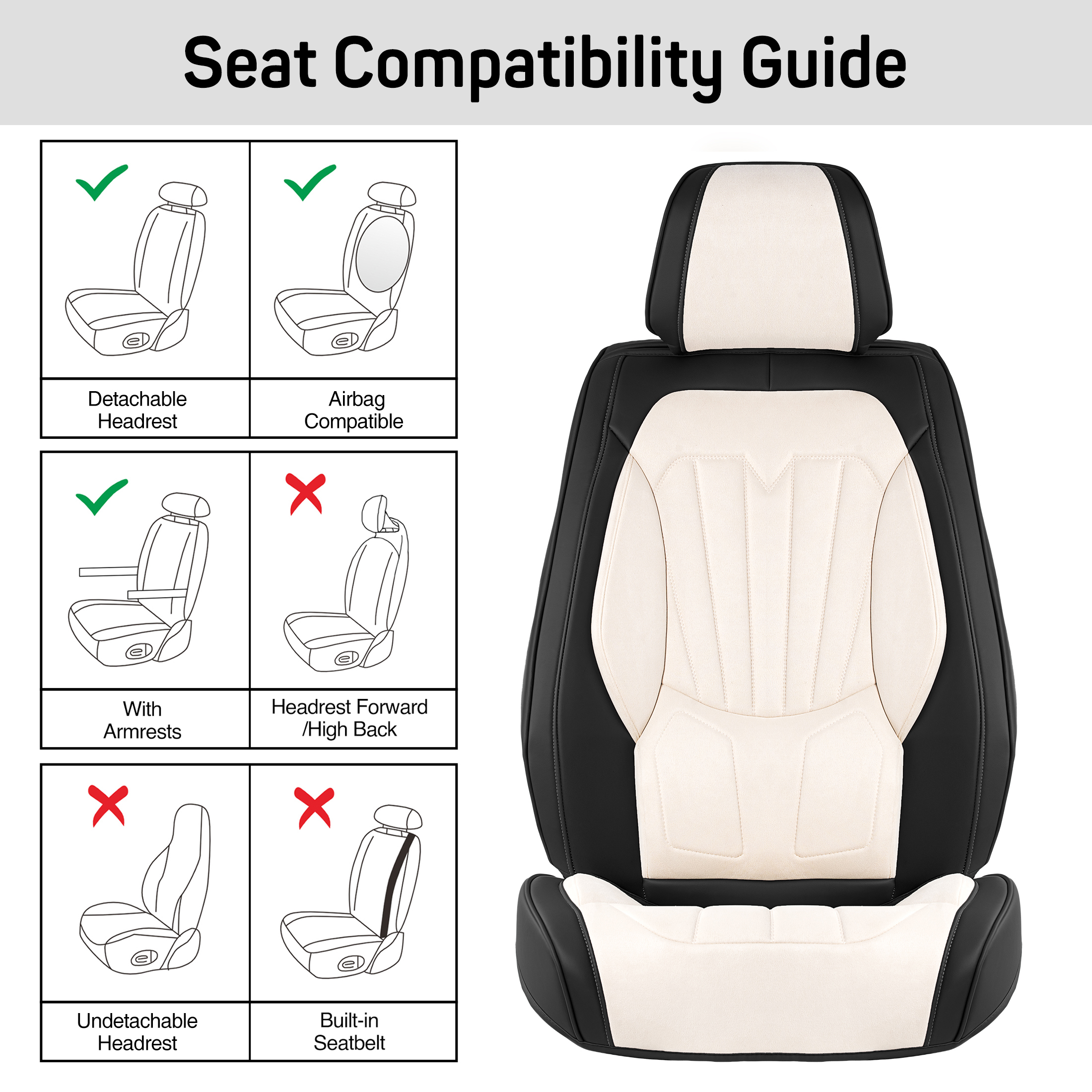 Caromop Universal Car Seat Covers Full Set,3D Foam Support in Velvet & PU Leather,Armrest Compatible for Cars, Trucks, SUVs (Beige/Black)
