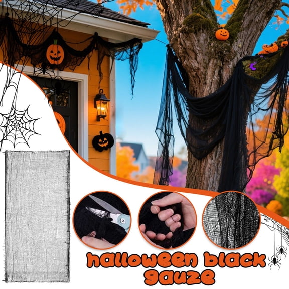 Yashow Black Soft Woven Fabric Halloween Creepy Cloth Easy to Cut and Drape Spooky Gauze for Indoor Outdoor Front Porch Yard Party Decorations, 196.8 x 39.4 inch, 1-Pack