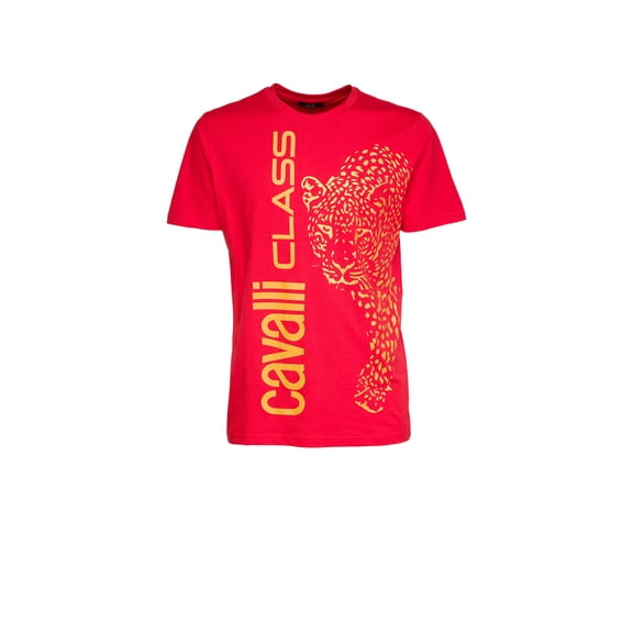 Cavalli Class Red Signature Leopard Print Fashion T-Shirt-XXL for mens